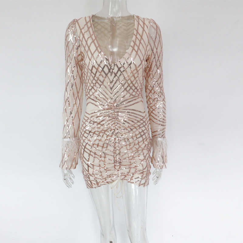 Beyprern Beautiful Sequin Glam Mini Dress Elegant Ruched Feather Patchwork Bodycon White Year Party Dress Chirstmas Outfits 210630