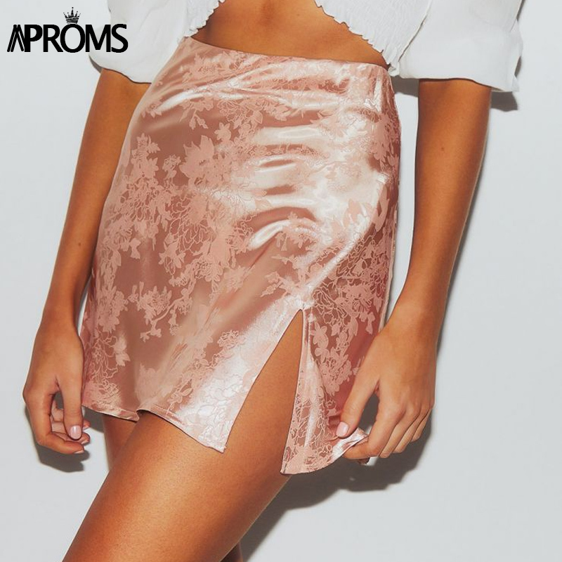 Aproms Soft Satin Side Split Black Mini Skirts Women Summer Floral High Waist A-line Short Skirt Female Back Zipper Bottoms 210306
