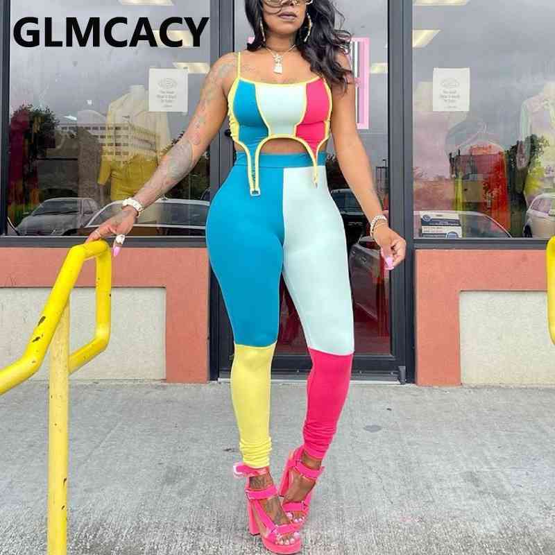 Two Piece Sexy Streetwear Suits Patchwork Sleeveless Strap Crop Tops & Slim Pants Sets Active Tracksuit Summer Outfits 210702