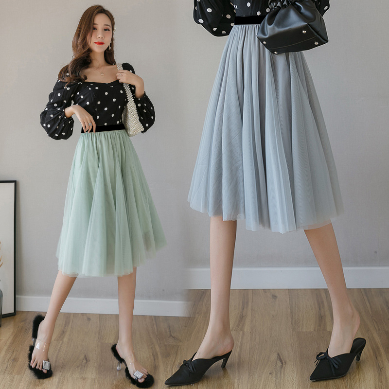 New Autumn Winter Vintage Tulle Skirt Women Elastic High Waist Mesh Skirts Long Pleated Tulle Skirts Party Mesh A-Line Skirt 210309