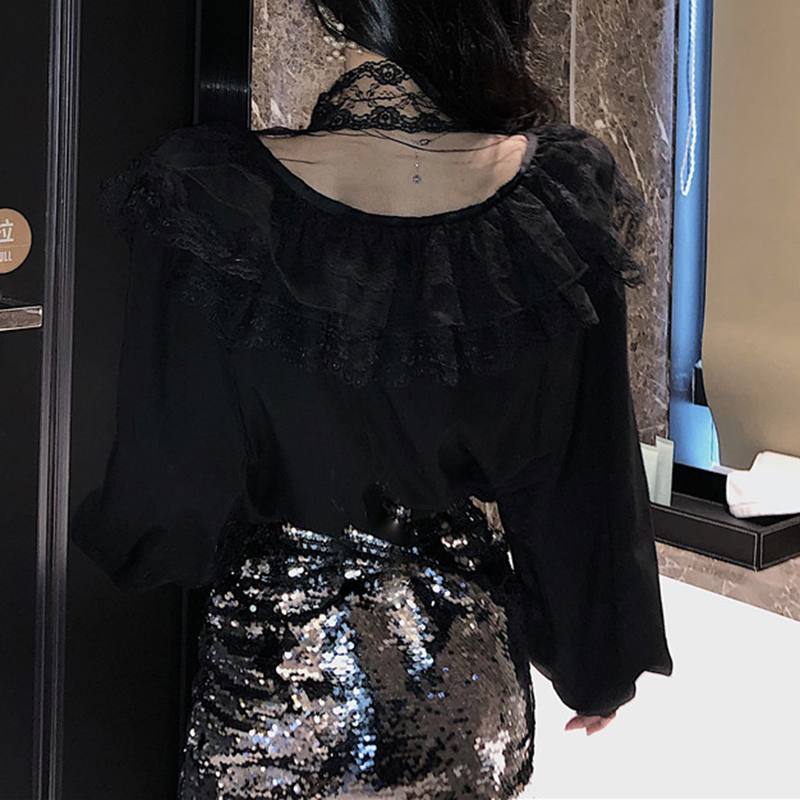 Ruffles White Lace Stitching Shirt Autumn New Fashion Lace Blouse Women Puff Sleeve Sweet Sexy Womens Tops Blusas De Mujer 10783 210225