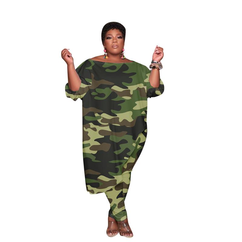 Casual Dresses Autumn Style Trendy Plus Size Women Clothing Tracksuit Womens Long Loose Camouflage Oblique Shoulder Wholesale Drop
