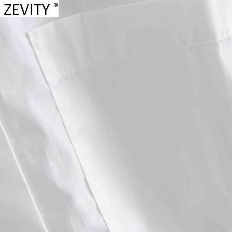 Zevity Women Simply Pocket Patch Casual Long Blouse Ladies Long Sleeve Business Shirt Chic Femme Breasted Blusas Tops LS7346 210603