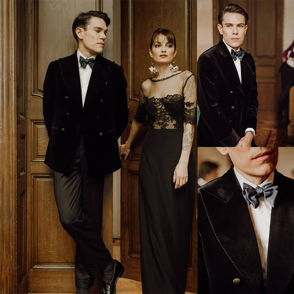 Winter Velvet Black Groom Wedding Tuxedos Mens Party Prom Pants Suits Coat Business Wear Outfit 2 Pieces