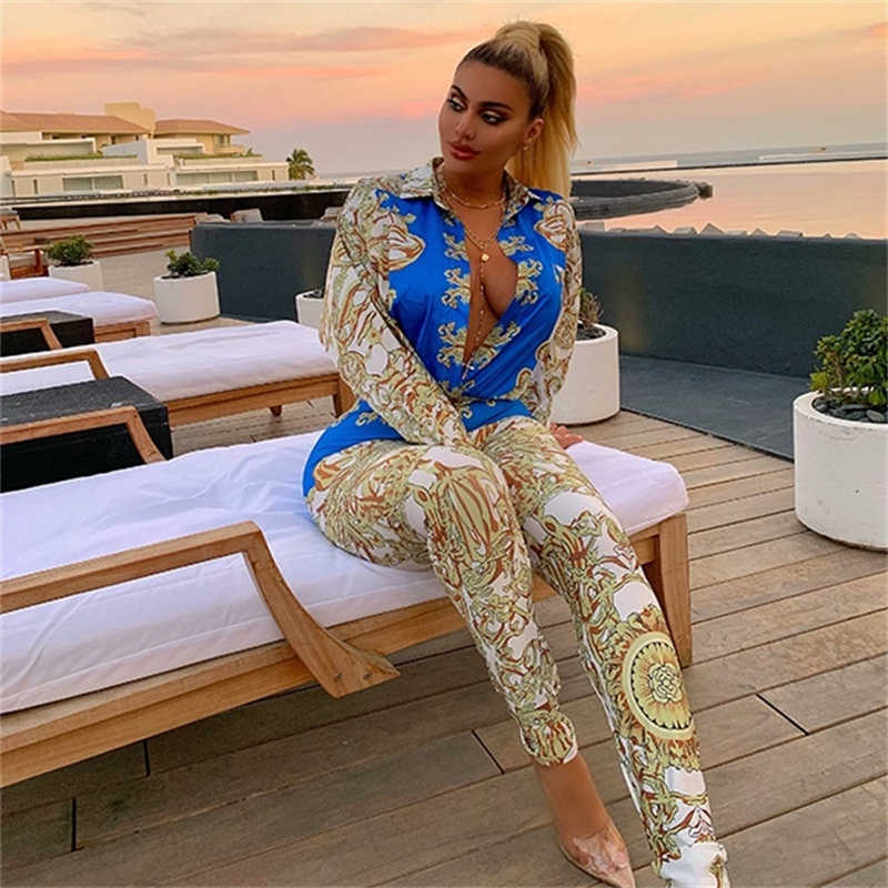 Colorblock Print Plunge Jumpsuit Autumn Long Sleeve Rompers Womens Blouse Dodysuit+pants 2 Piece Jumpsuit Combinaison Femme Y0625