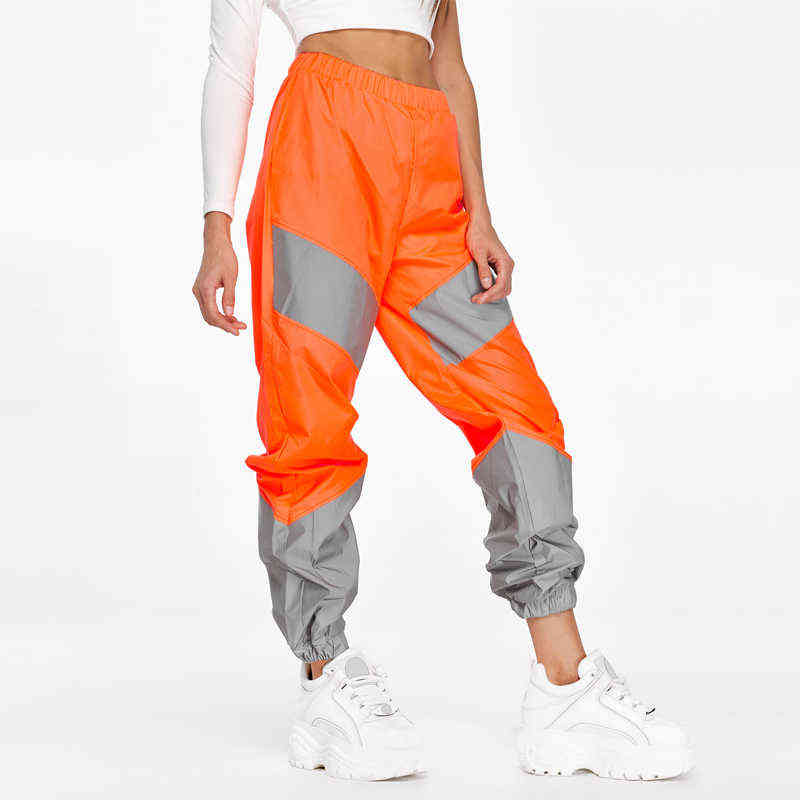 OMSJ Autumn Winter Loose Hight Waist Flash Reflective Patchwork Jogger Pants Women Neon Streetwear Outfits Cargo Trousers 211115