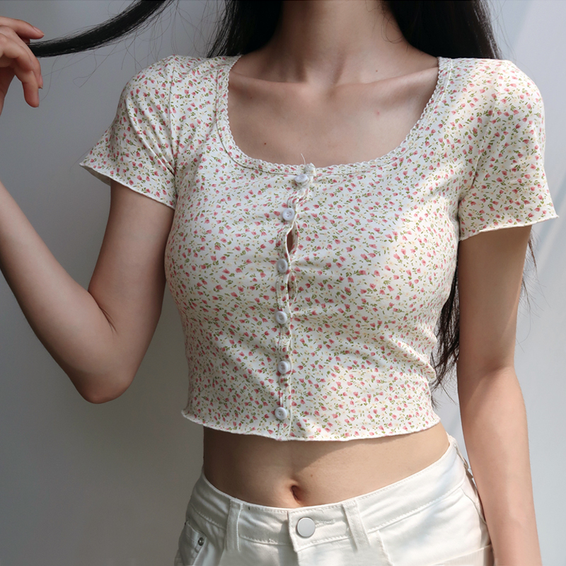 Women Scoop Neck Button down Floral Print Crop Tee Short Sleeve Floral Printed Crop Top 210306