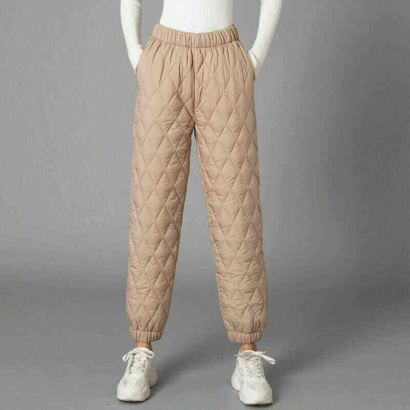 Women Winter Warm Down Cotton Pants Padded Quilted Trousers Elastic Waist Casual 211115