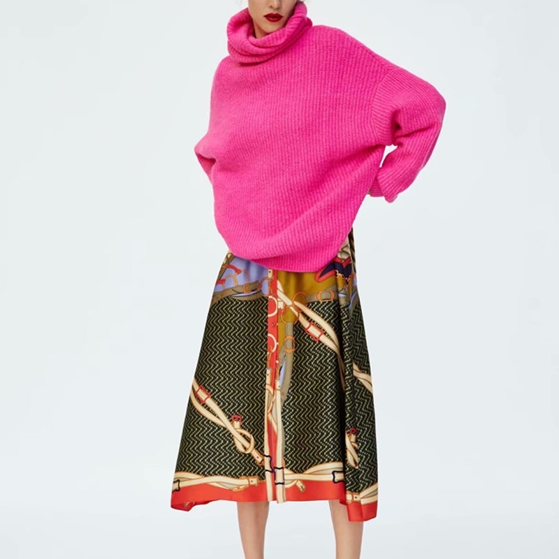 PERHAPS U women neon sweater knitted green pink solid turtleneck pullovers long casual winter loose T200319