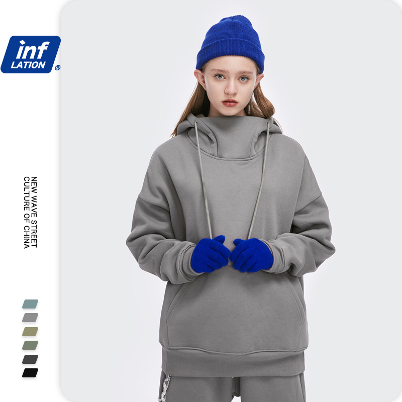 INFLATION Solid Color Thick Fleece Hoodie Men Winter Warm High Collar Oversized Hip Hop Hoodie Men Velvet Hoodie Women 1323W 201127