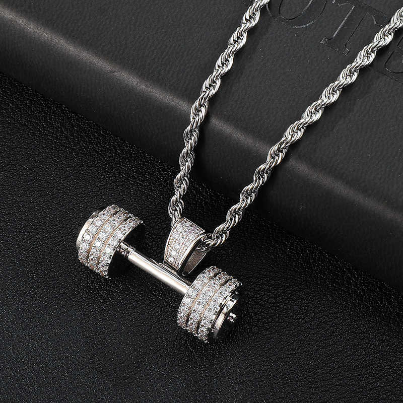 Hip Hop Iced Out Bling Rope Chain Barbell Gym Fitness Dumbbell Gold Color Hand Pendants &Necklaces For Men Jewelry 201013