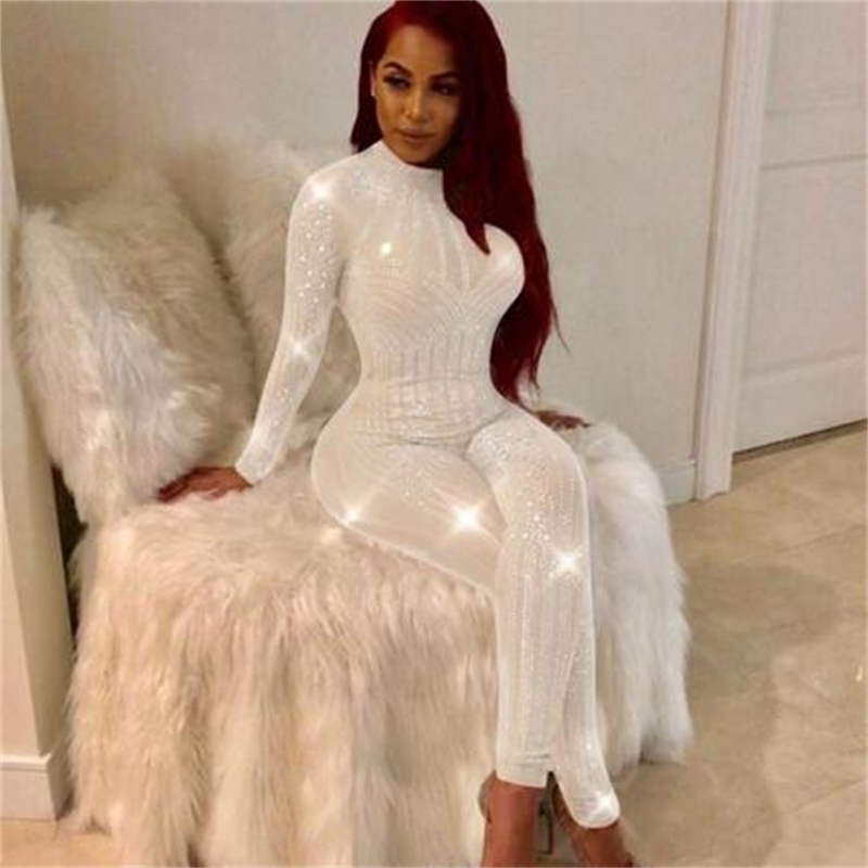 Shimmering Mesh Romper Jumpsuit: Elegant Full-Length Party Playsuit B1