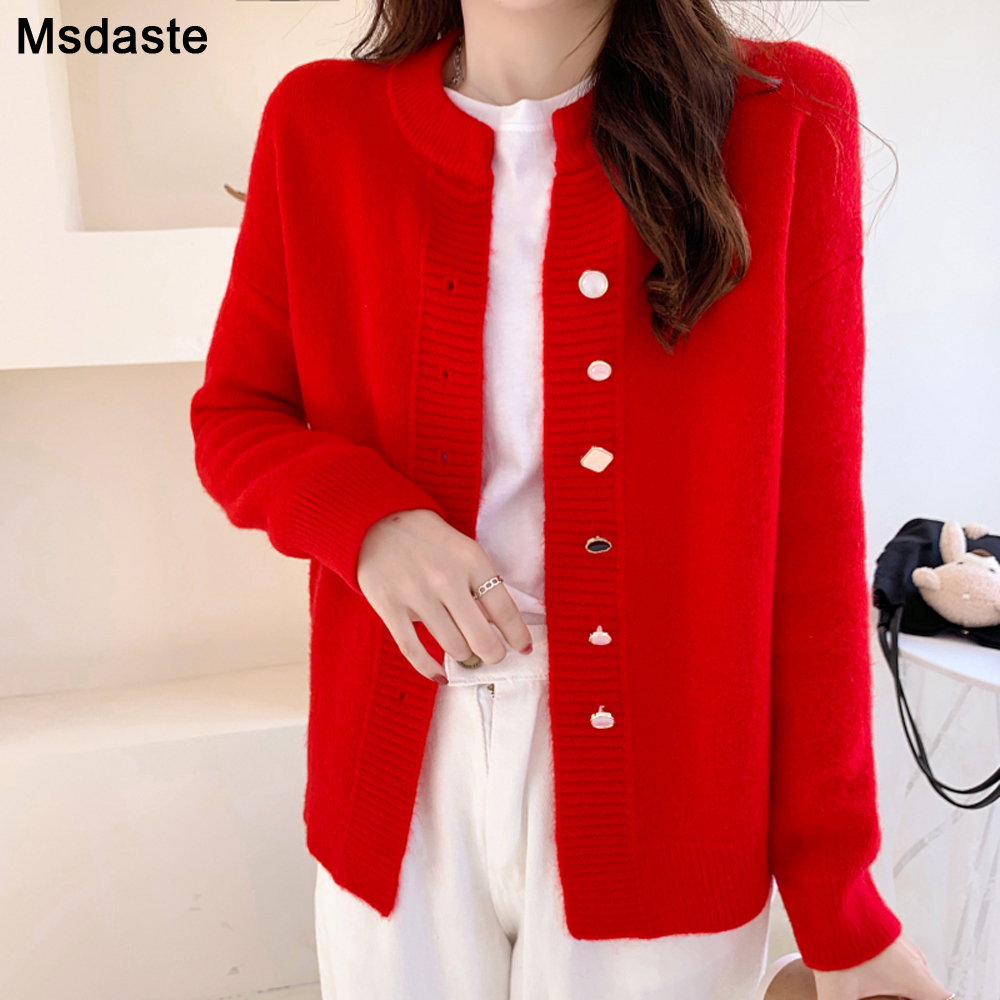 Women Cardigan Sweater Top Red White Knitted Sweater Coat Autumn Winter Good Quality Female Tops Cardigans Sweaters Outerwear 210218