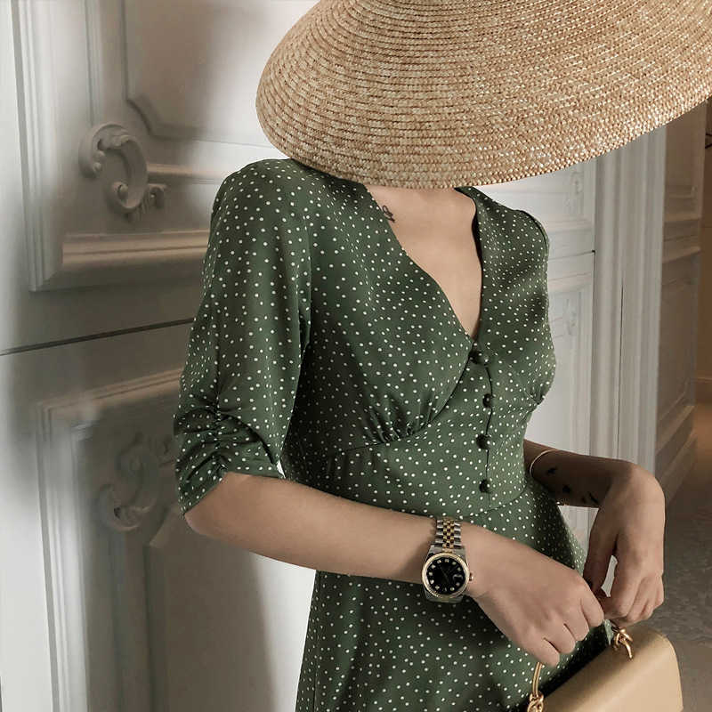 Bella Style Korean-style WOMEN'S Wear French-Waist Hing A- line V-neck Backless Short Sleeve dress 210630