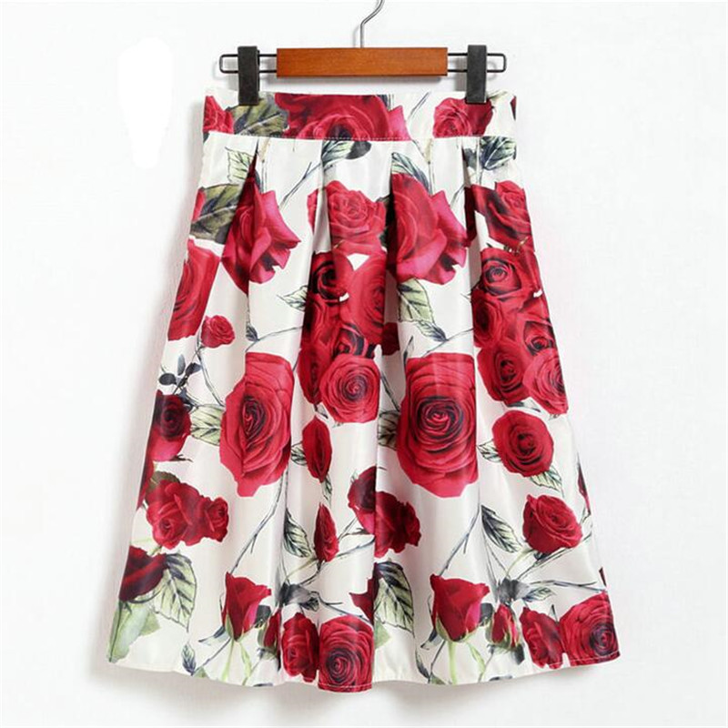 Neophil Fashion Tropical Floral Print High Waist Fluffy Pleated Saias Flare Satin Tutu Midi Skater Skirts Womens S07047 210306