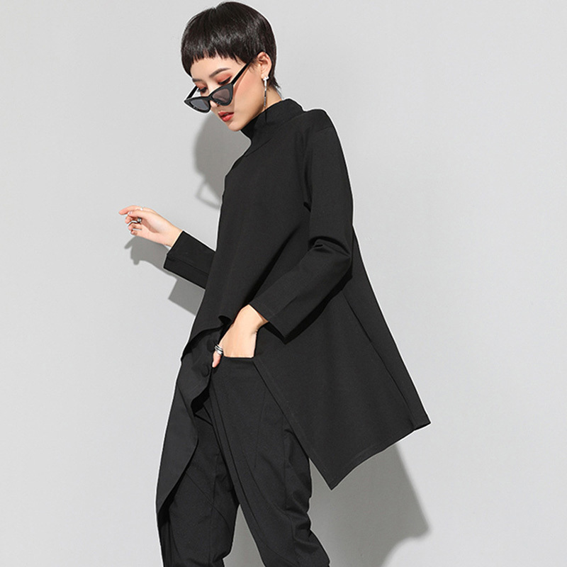 [EAM] 2021New Spring Autumn High Collar Long Sleeve Black Irregular Hem Loose T-shirt Women Fashion Tide All-match JK397 210302