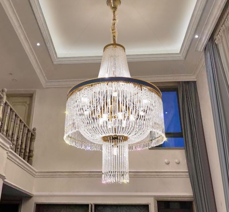 Modern crystal large chandelier luxury villa living room hollow cladding spiral staircase
Modern crystal large chandelier luxury villa living room hollow cladding spiral staircase