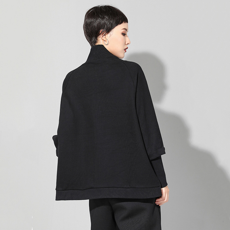 [EAM] New Spring Autumn Stand Collar Long Sleeve Black Zipper Split Joint Big Size Sweatshirt Women Fashion Tide LJ201130