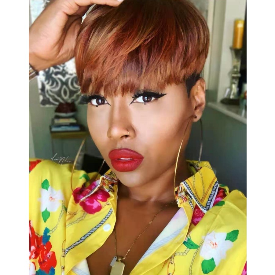 Straight ombre blonde color short Pixie Cut human hair wigs 100% Remy Brazilian lace front wig For Women