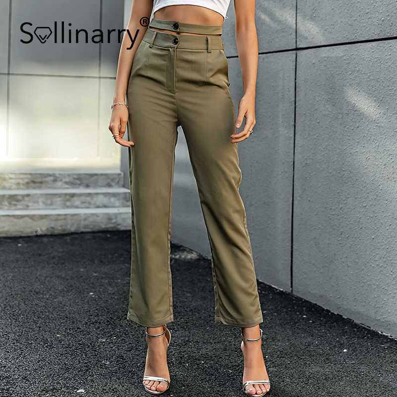 Sollinarry Fashion double waistband hem pants women Retro green loose straight trouser High waist slim leisure summer capris 210709