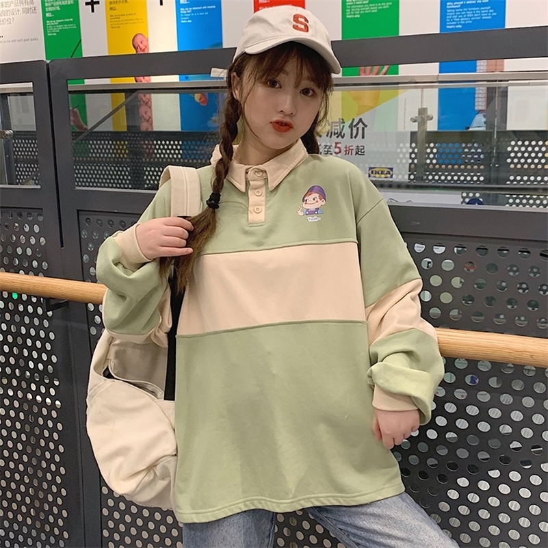Autumn Winter Women's Sweatshirts Polo Korean Casual Cartoon Print Preppy Style Patchwork Loose Oversized Women Sweatshirt 201209