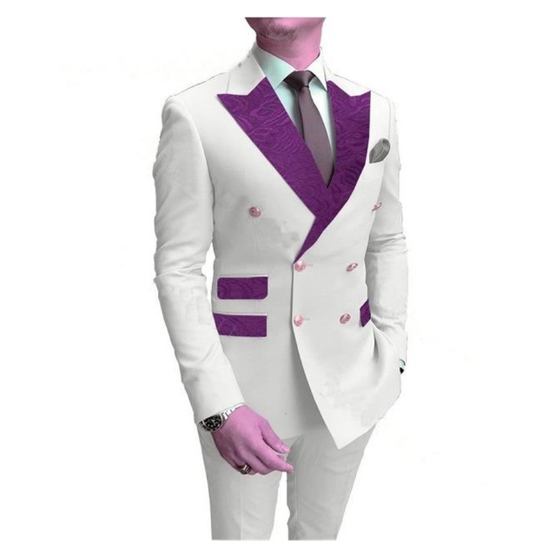 Men's Suits & Blazers Purple white standard men's suits homme groom wear tuxedo suit two blazer pieces (jacket + pants) MMKC