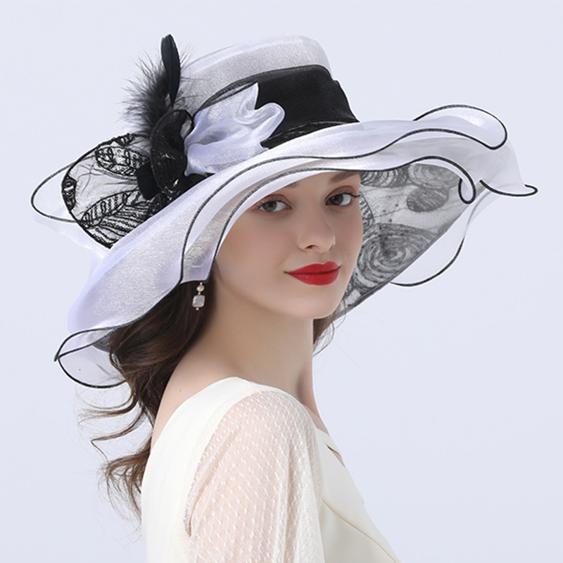 

2021 New Women Wide Brim Feather Flower Summer Sun Organza Kentucky Derby Fascinator Elegant Cocktail Party Church Wedding Hat Ip4f, White