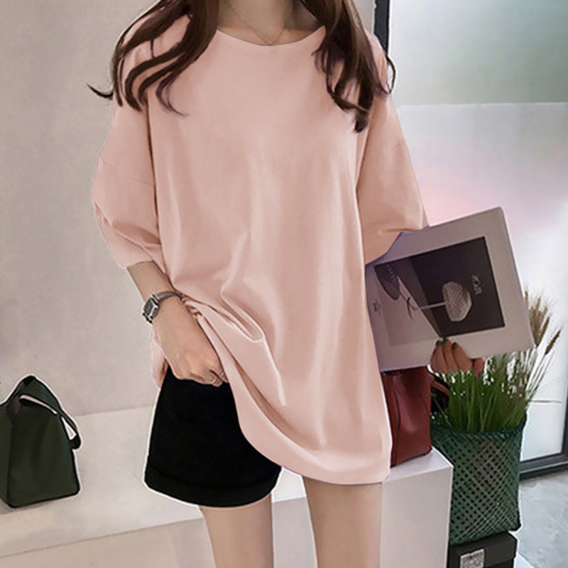 Pure color medium long T-shirt summer Short Sleeved Women Korean leisure large size loose-fitting college style women 210306