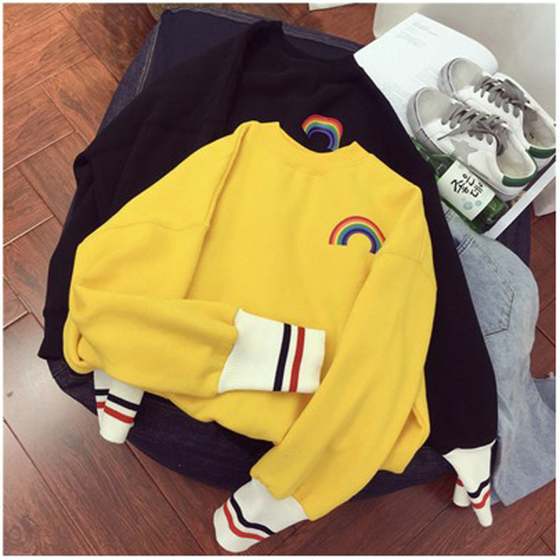 Woherb Korean Girls Kawaii Sweatshirt Rainbow Print Cute Hoodies Women Autumn Thin Harajuku Hoodie Crewneck Sweatshirts 201204