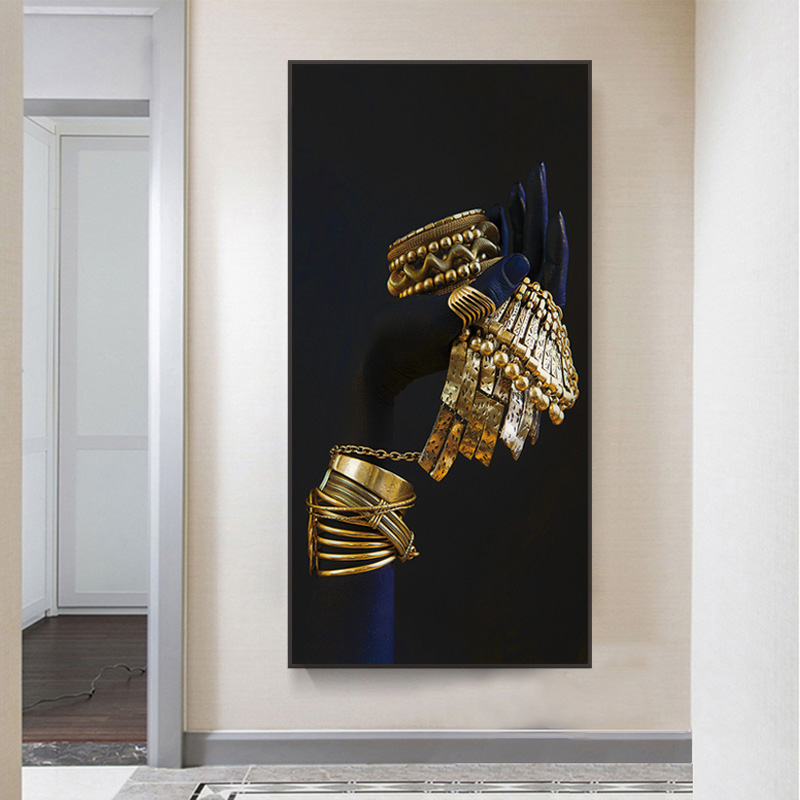Black and Gold African Woman's Hand Canvas Poster Modern Wall Art Picture Silver Jewelry Oil Painting For Living Room Decoration