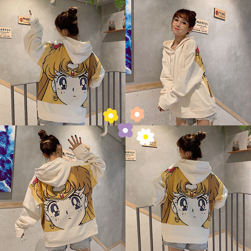Streetwear Sweatshirt Harajuku Sailor Moon Cartoon Print Hoodie Women Loose Casual Cute Pocket Long Sleeve Pullover Tops Clothes 201211
