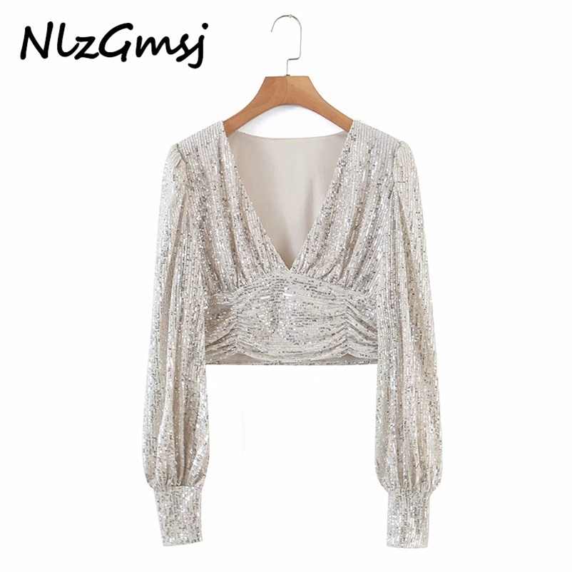 

Blouse Women Retro Sliver Sequined Crop Shirt Long Sleeve V Neck Chic Female Sexy Tops 210628, As picture