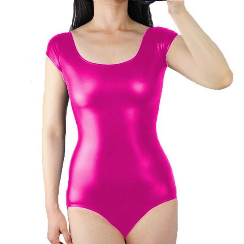 Plus Size Sexy Bodycon Bodysuit Women Short Sleeve Scoop Neck Body Tops Shiny Metallic Leotard Basic Skinny Rompers 210622