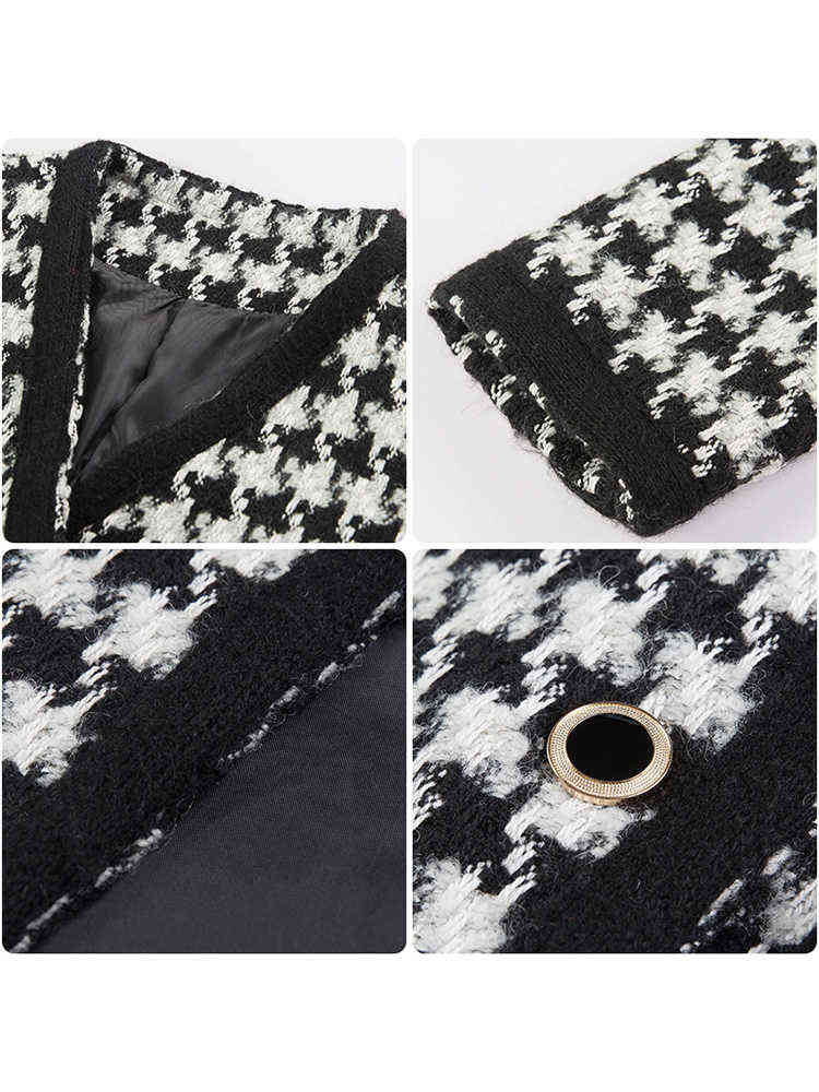 V Neck Tweed Coat Plaid Women Button Black Houndstooth Cardigan Basic Long Sleeve Blend Jacket Fashion Autumn Spring Winter 211130