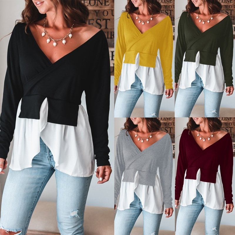 

2021 New Mulheres Outono Casual Patchwork Blusas Elegantes Sexy Sem Ombro Com Decote Em v Manga Longa Irregular Camisas Femininas Tops Xw5e, Black