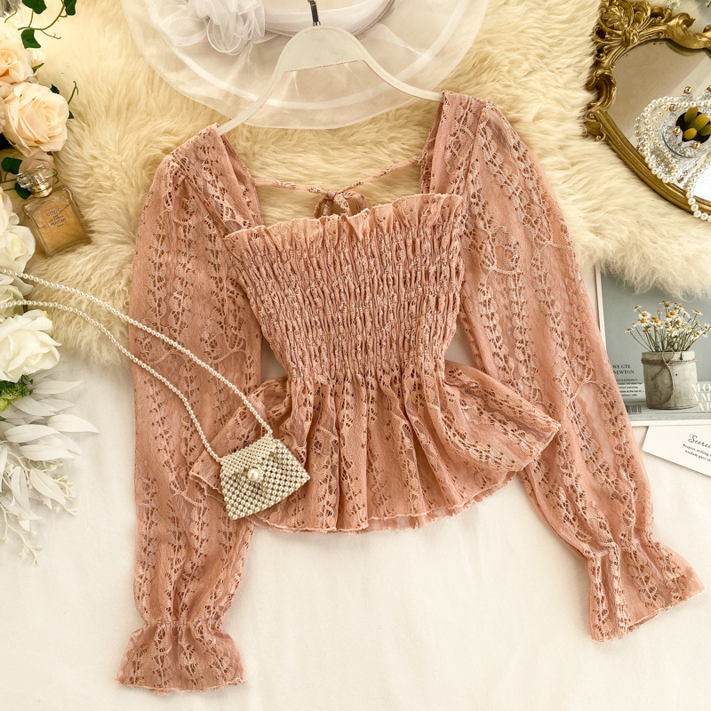 Chic Ruffled Elastic Waist Slimming Square Collar Long Sleeve Hollow Lace Blouse Woman Solid Color Elegant Shirts Tops K248 210225