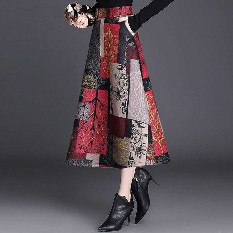 Autumn Winter A-line Long Skirts Womens Maxi Female High Waist Warm Wool Elegant Office Lady Printing Plaid 210619