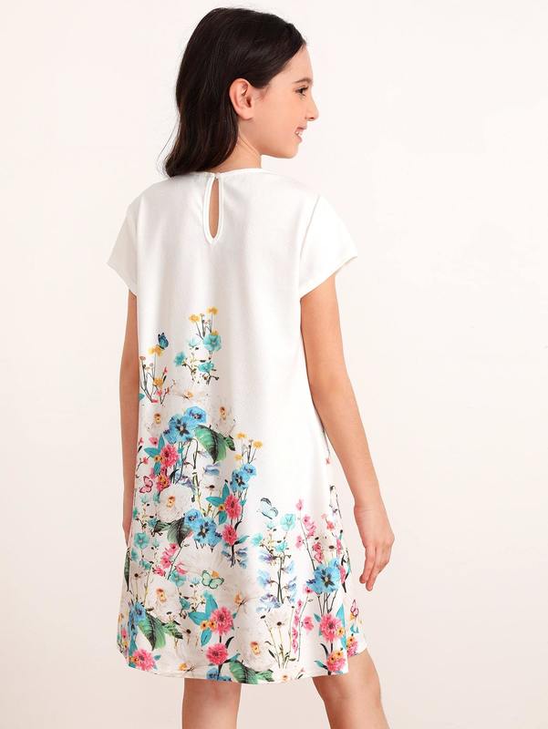 Girls Pleated Detail Floral Print Trapeze Dress SHE