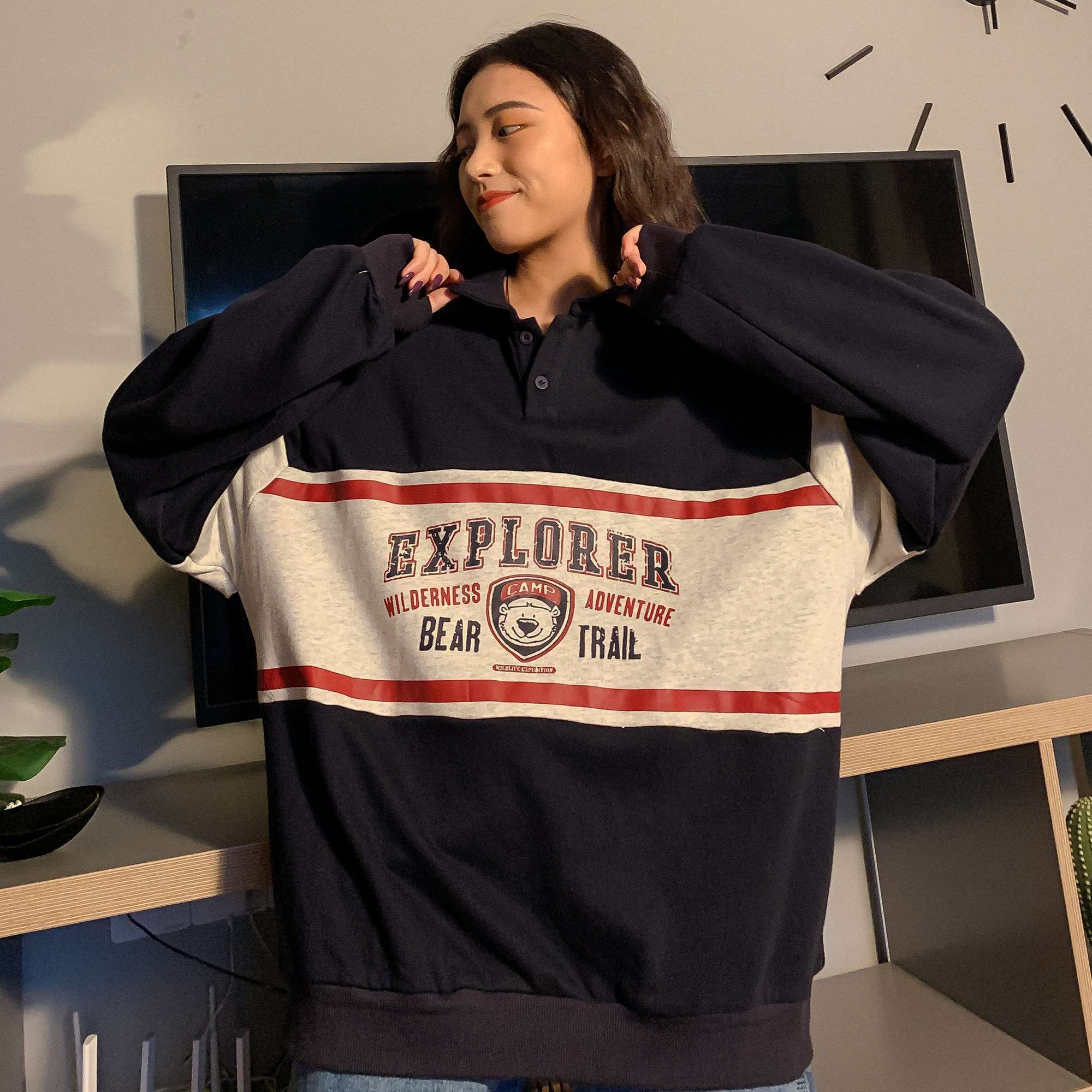 winter Vintage Polo Collar Loose Harajuku Hoodie Top Long Sleeve Teens Oversized Hoodies Women Print Bear Sweatshirt Trendy 201211