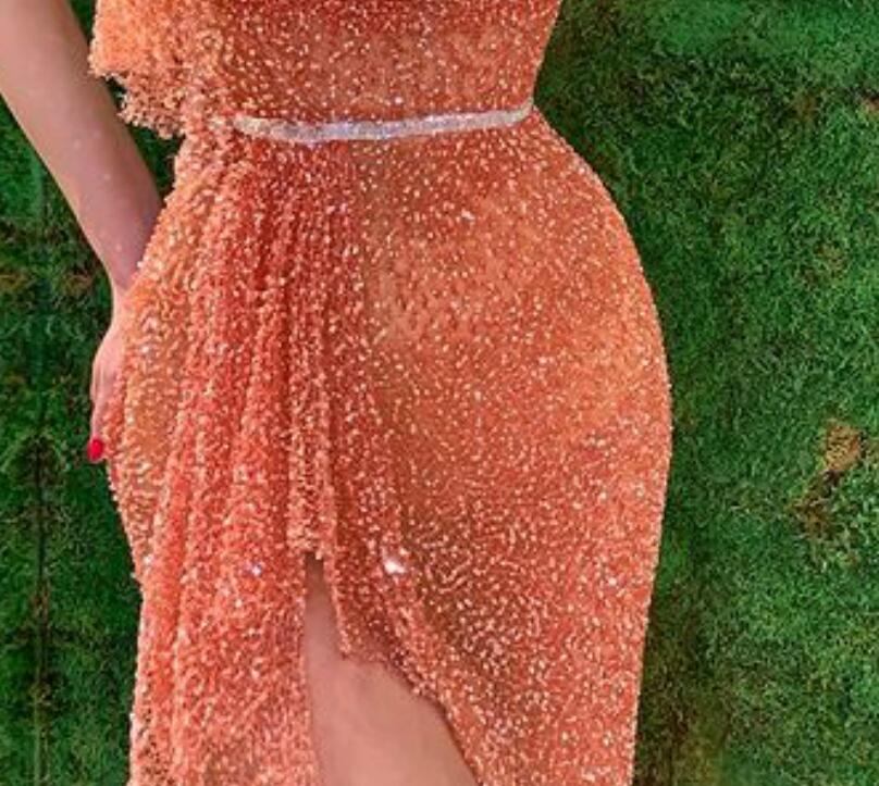 Aso Ebi 2021 Arabic Sparkly Sheath Sexy Evening Dresses High Split Prom Dresses Sequined Formal Party Second Reception Gowns ZJ654