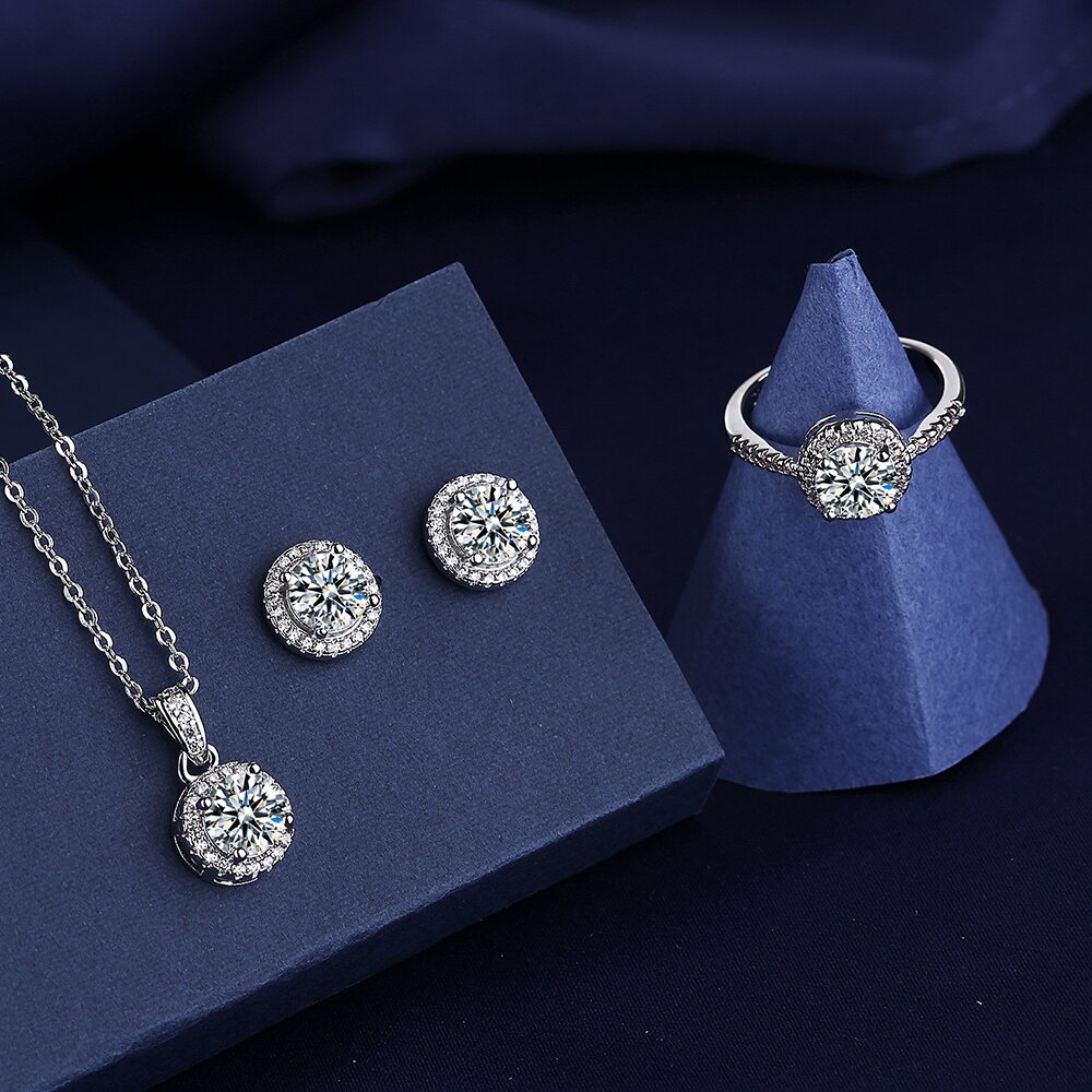Solitaire Lab Diamond Jewelry set 925 Sterling Silver Party Wedding Rings Earrings Necklace For Women Bridal Moissanite Jewelry
