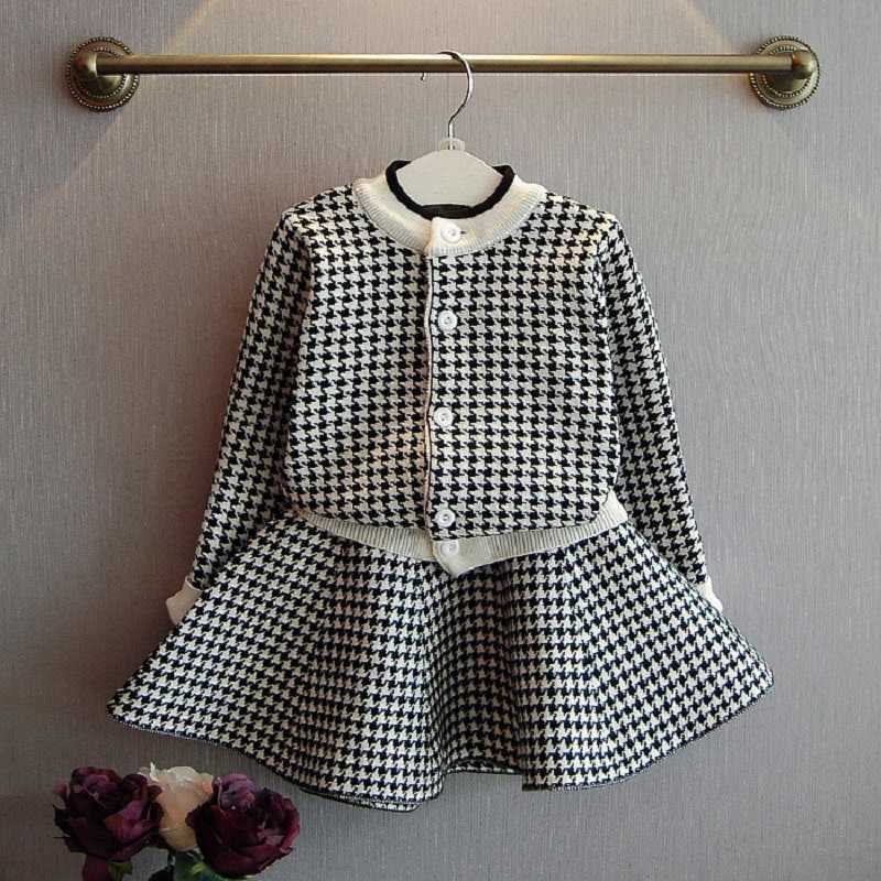 Arrivals Summer Children Sets Long Sleeve Single Breasted Sweater Houndstooth Skirt 2Pcs Girls Clothes 2-7T 210629