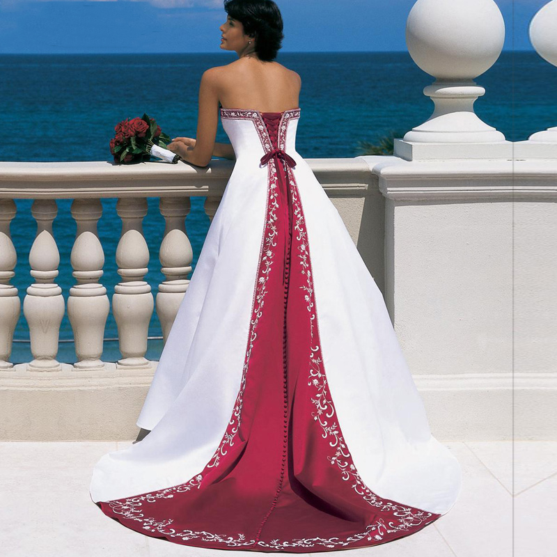 Vintage Rustic Satin Embroidery Wedding Dress White And Navy 2022 Plus Size Strapless Lace-up Court Train Bride Gowns Color Matched A Line Long Weddin