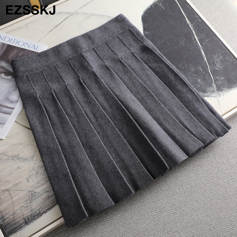 Autumn winter aline thick short SWEATER Skirt Women good quality cute pleated mini skirt female elegant knit skirt 210306