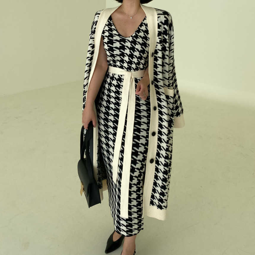 Korean Sweater Set Fashion Vintage Style V-Neck Long Knitted Sweater Coat + Houndstooth Vest Dress Female Two-Piece Suit 210708