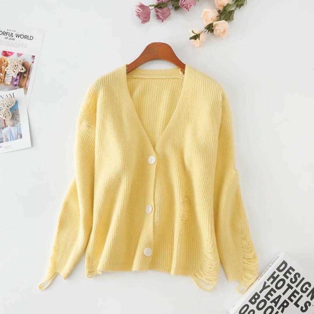 H.SA Fall Fashion Sweater and Cardigans V neck Broken Hole Chic Kitting Jumpers Yellow Cute Cardigan Sweater mujer 210716