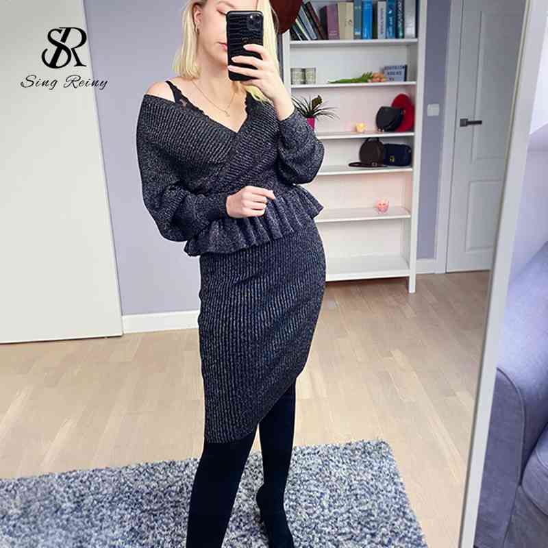 SINGRAIN Autumn Women Shiny Knitting Skirts Sets Lurex Ruffles Long Sleeves Wool Warm Sweater knitted Two Pieces Set Women 210708