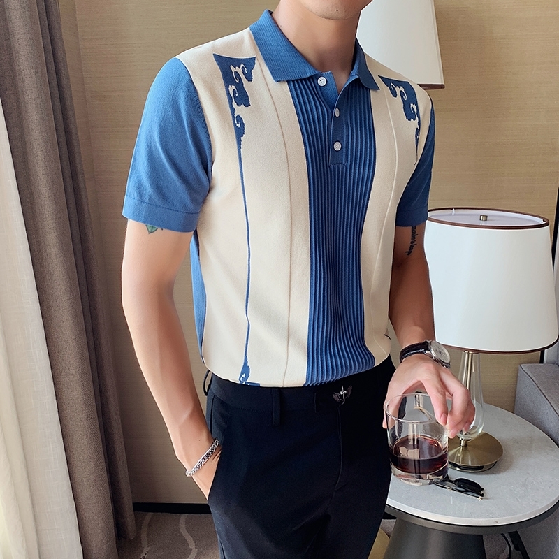 Men's Short-sleeved Knitted Polo Shirt Contrast Color British Lapel Ice Silk Men Poleras Hombre Camiseta Verano Hombre 210308