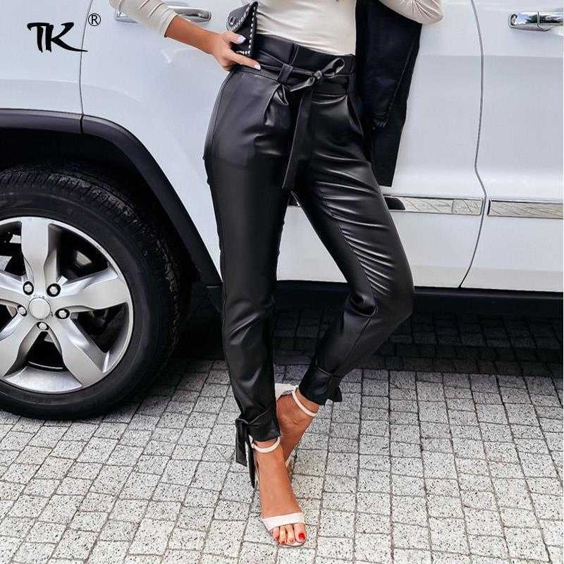 Women Black PU Leather Pants High Waist Sashes Lace Up Streetwear Trousers Female Office Lady Elegant Autumn Winter Pant 211115