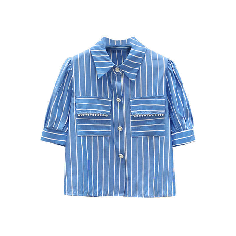Blue Vertical Stripe Pocket Bead Short Sleeve Loose Turn-down Collar Shirts Womens Tops 210615